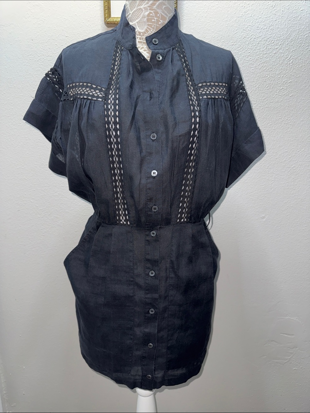 Frame Denim Black Button-Front Midi Dress with Lace Trim